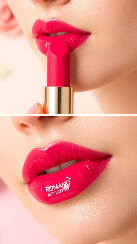 Romand Juicy Lasting Tint 15 in a tube with vibrant color applied on lips.